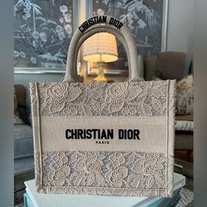 Christian Dior NEW Small Book Tote Embroidered Lace Appliqué  BEIGE & BLACK